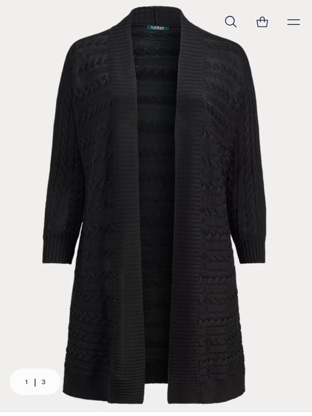 Lauren Ralph Lauren Cotton Blend Cable Open  Front Cardigan Black XS